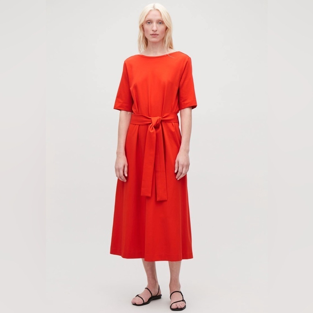 COS Orange Red Long A-Line Jersey Dress Belted T-Shirt Sz S Work Party Vacation